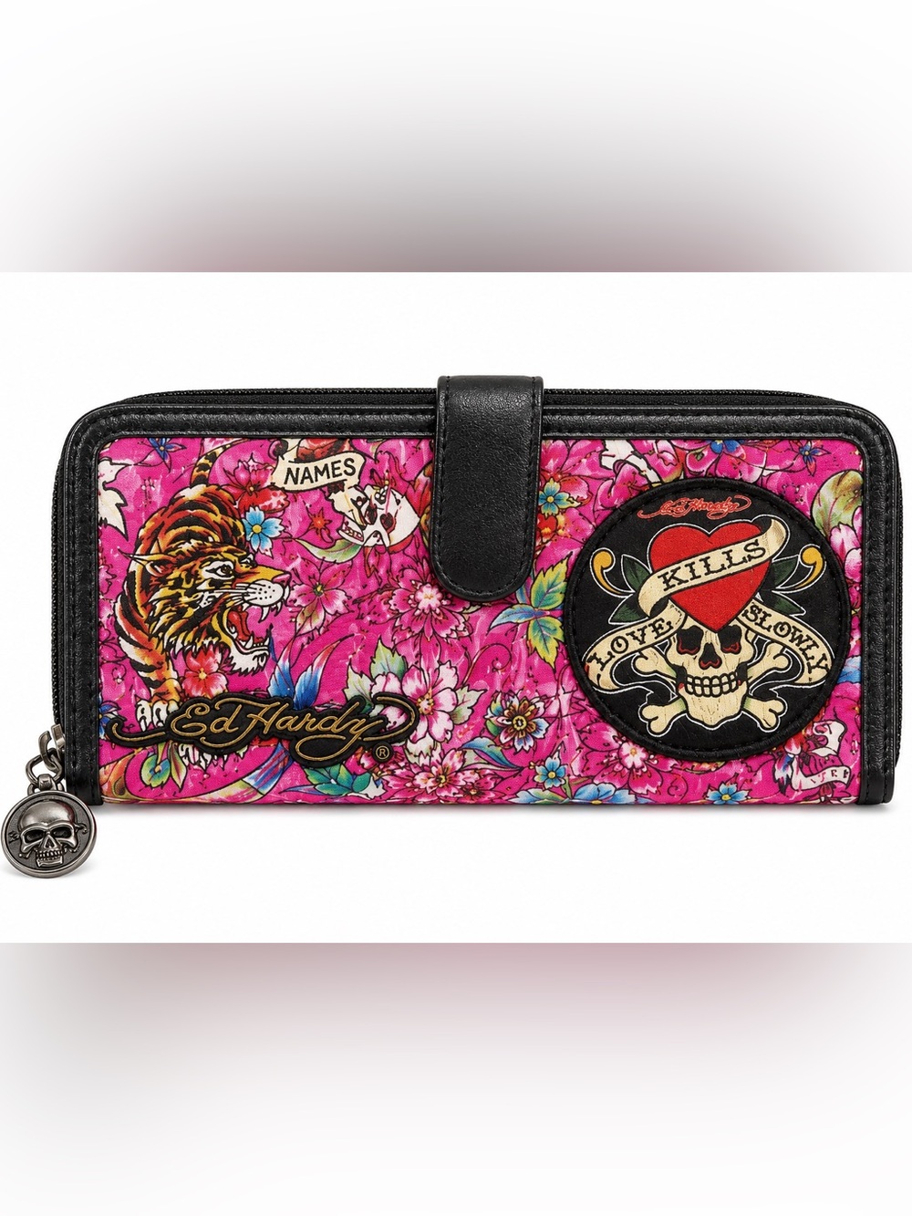 Ed Hardy Love Kills Slowly Pink Tattoo Print Zip Around Wallet Y2K Skull Tiger
